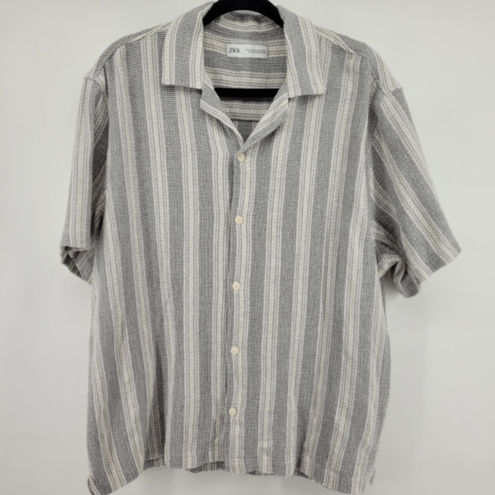 Zara Mens XL Grey White Textured Vertical Stripe Short Sleeve Camp Collar Shirt - Picture 2 of 11